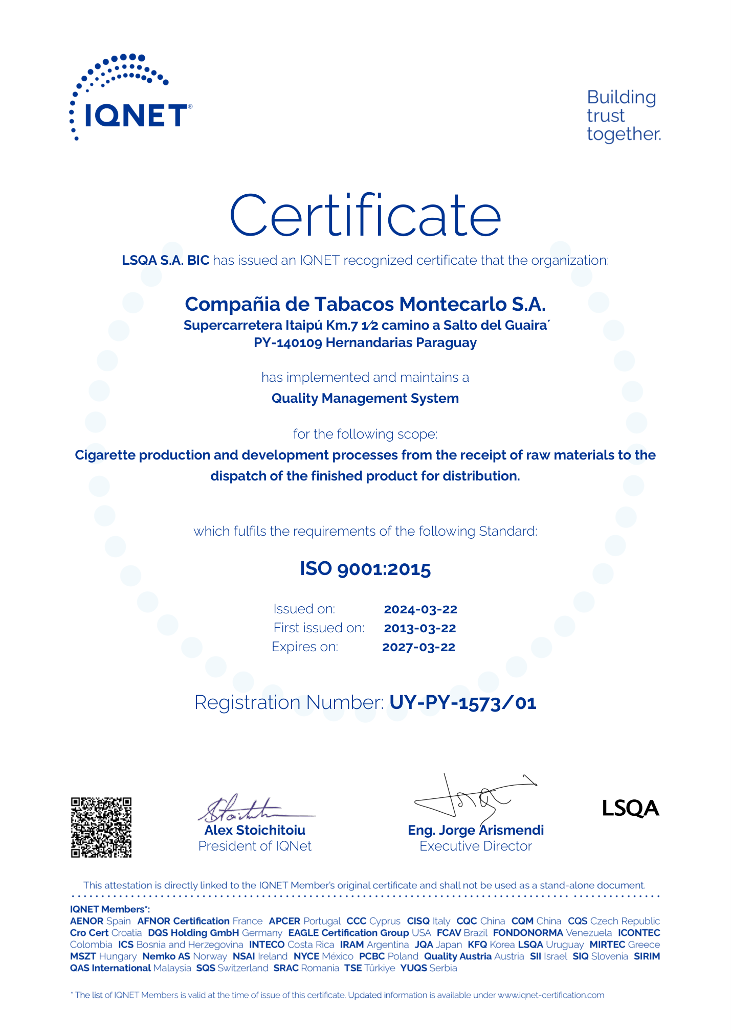 CT Montecarlo ISO 9001:2015 certificate issued by IQNET