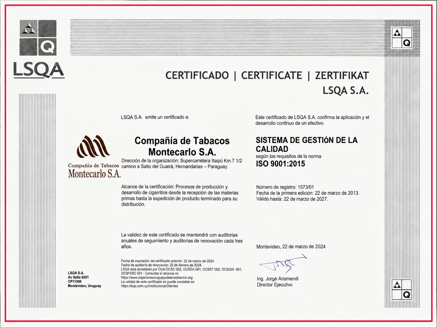 CT Montecarlo ISO 9001:2015 certificate issued by LSQA